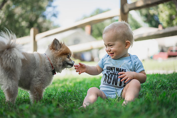Puppy sniffing happy babies hand outside 