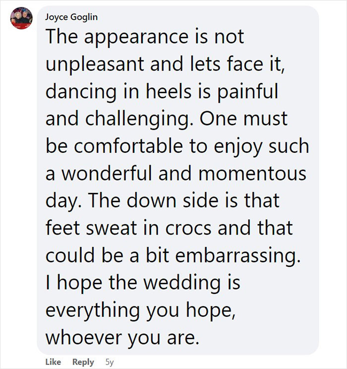 People online are having massive debates about whether white crocs go well with wedding dresses, and tastes vary wildly