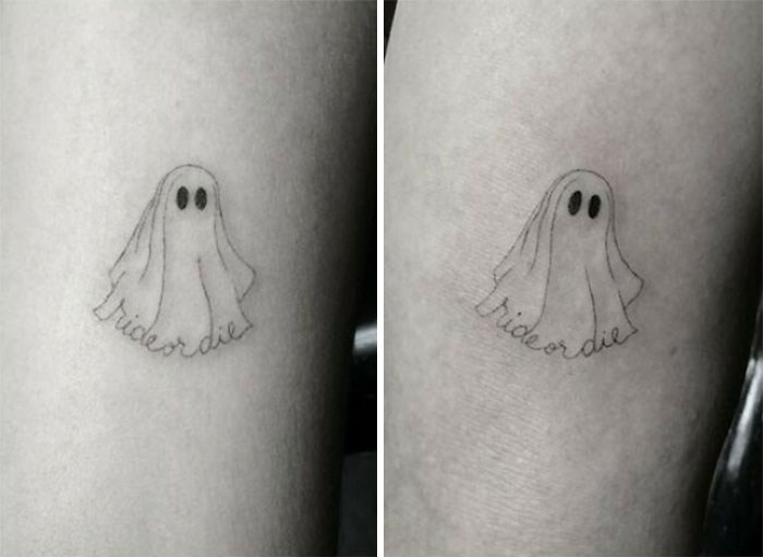Ghost tattoo with "ride or die" text, representing celebrity tattoos.