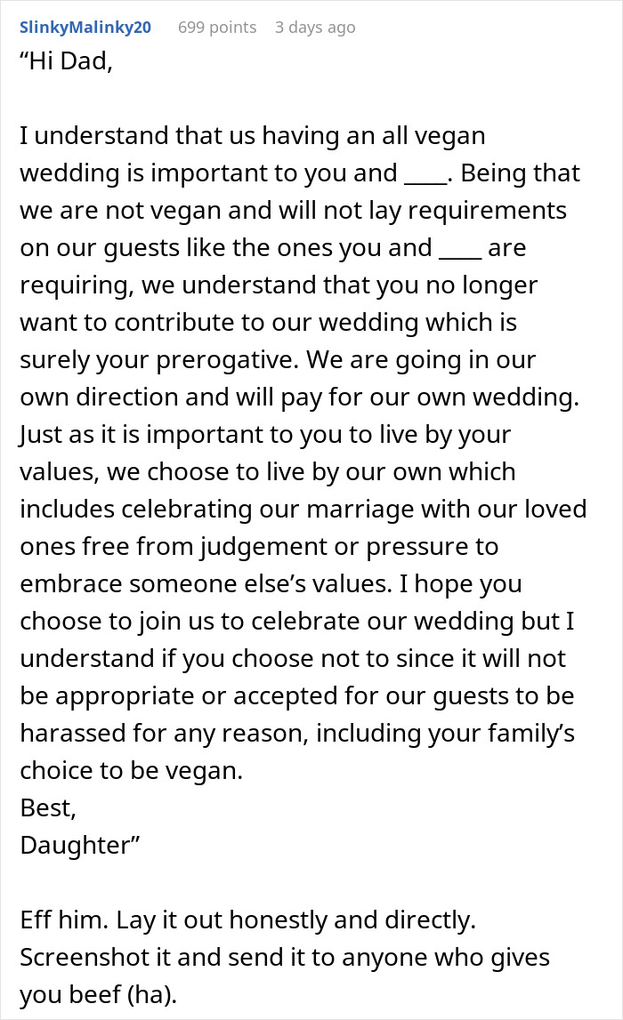 Daughter Uninvites Her Dad And His GF From Her Wedding After They Demand Everything Is Vegan, From Food To The Guests' Shoes