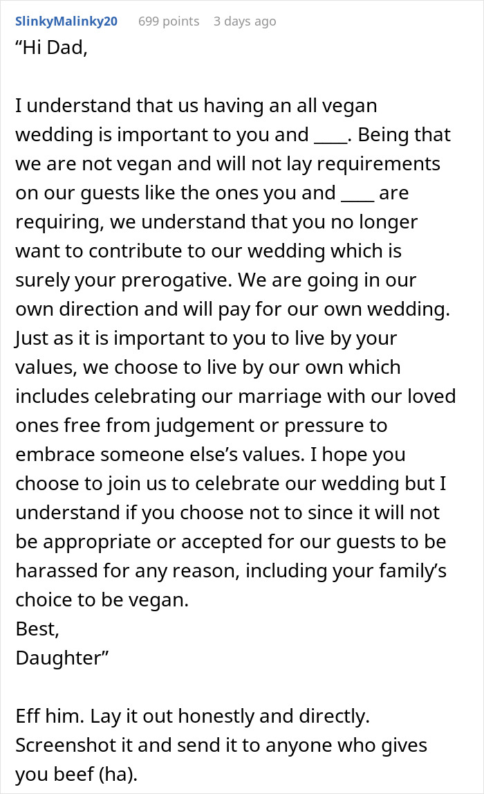 Daughter Uninvites Her Dad And His GF From Her Wedding After They Demand Everything Is Vegan, From Food To The Guests' Shoes Daughter Uninvites Her Dad And His GF From Her Wedding After They Demand Everything Is Vegan, From Food To The Guests' Shoes
