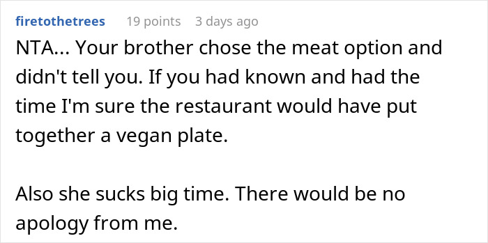 “You Just Assume Because I’m Vegan I Only Eat Salads?”: Sister Under Fire After Not Catering To Brother’s Vegan GF At Her Engagement Dinner “You Just Assume Because I’m Vegan I Only Eat Salads?”: Sister Under Fire After Not Catering To Brother’s Vegan GF At Her Engagement Dinner