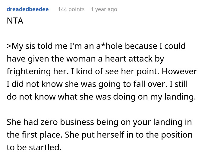 Woman Is Annoyed Her Neighbor Comes To Her Landing And Lurks, So She Swings Open The Door, Frightening Her And Causing Her To Fall Woman Is Annoyed Her Neighbor Comes To Her Landing And Lurks, So She Swings Open The Door, Frightening Her And Causing Her To Fall