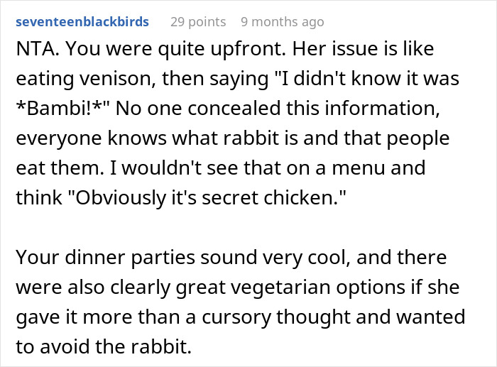 Woman Serves Rabbit Stew For Themed Party, Guests Flip Out After Realizing It Contains Actual Rabbit Meat Woman Serves Rabbit Stew For Themed Party, Guests Flip Out After Realizing It Contains Actual Rabbit Meat