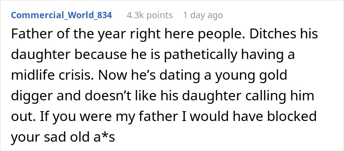 19 Y.O. Daughter Gets Excluded From Family Dinner Because She Called Her Dad’s 26 Y.O. Girlfriend A Gold Digger
