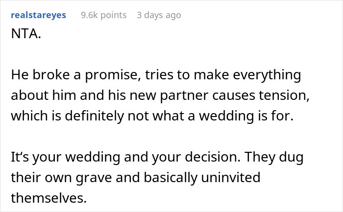 Daughter Uninvites Her Dad And His GF From Her Wedding After They Demand Everything Is Vegan, From Food To The Guests' Shoes Daughter Uninvites Her Dad And His GF From Her Wedding After They Demand Everything Is Vegan, From Food To The Guests' Shoes