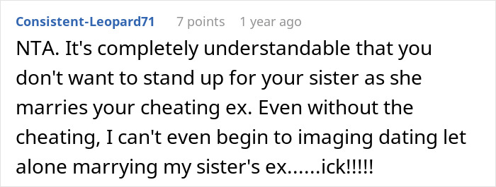 Woman Wonders “AITA For Refusing To Be My Sister’s MOH Because She’s Marrying My Ex?” Woman Wonders “AITA For Refusing To Be My Sister’s MOH Because She’s Marrying My Ex?”