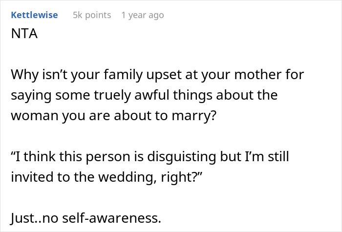 “AITA For Uninviting My Mother From My Wedding After She Called My Wife Indecent For Having Plastic Surgery?”