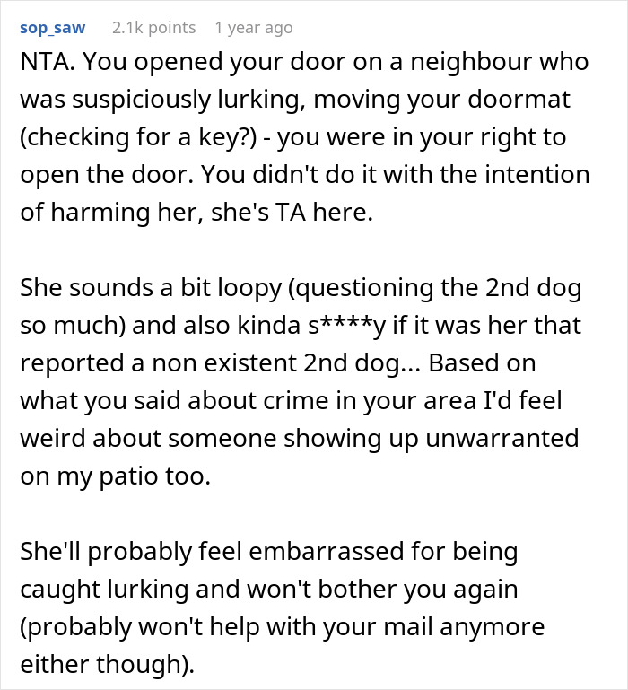 Woman Is Annoyed Her Neighbor Comes To Her Landing And Lurks, So She Swings Open The Door, Frightening Her And Causing Her To Fall Woman Is Annoyed Her Neighbor Comes To Her Landing And Lurks, So She Swings Open The Door, Frightening Her And Causing Her To Fall