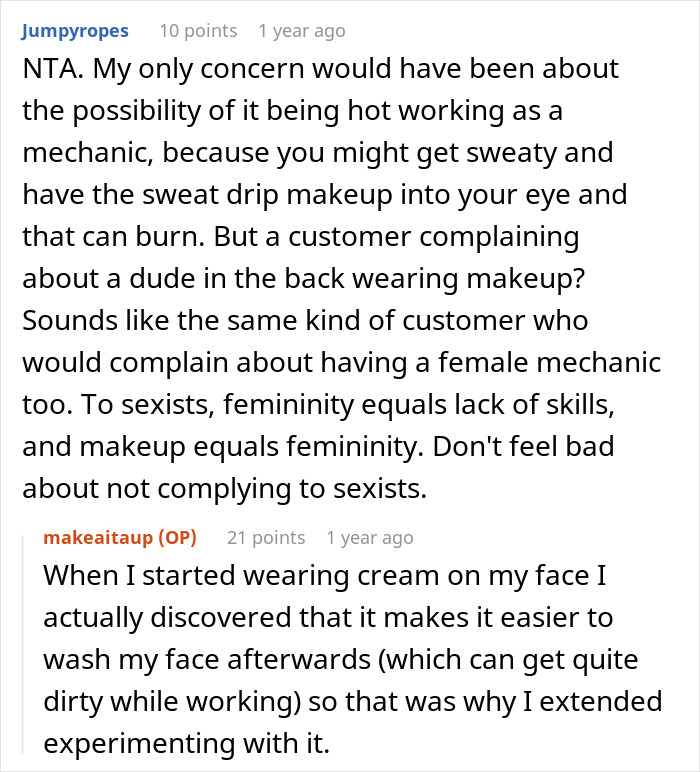 "My Confidence Was Skyrocketing": Mechanic Starts Wearing Makeup At Work, Front Desk Coworkers Have A Problem With It "My Confidence Was Skyrocketing": Mechanic Starts Wearing Makeup At Work, Front Desk Coworkers Have A Problem With It