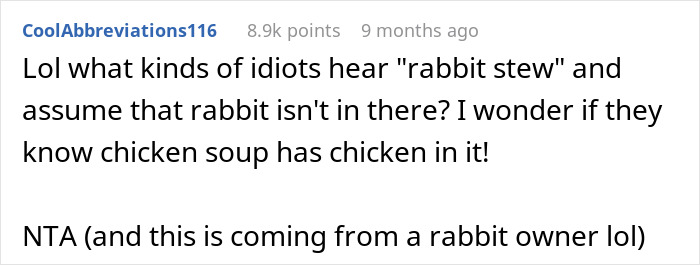 Woman Serves Rabbit Stew For Themed Party, Guests Flip Out After Realizing It Contains Actual Rabbit Meat Woman Serves Rabbit Stew For Themed Party, Guests Flip Out After Realizing It Contains Actual Rabbit Meat
