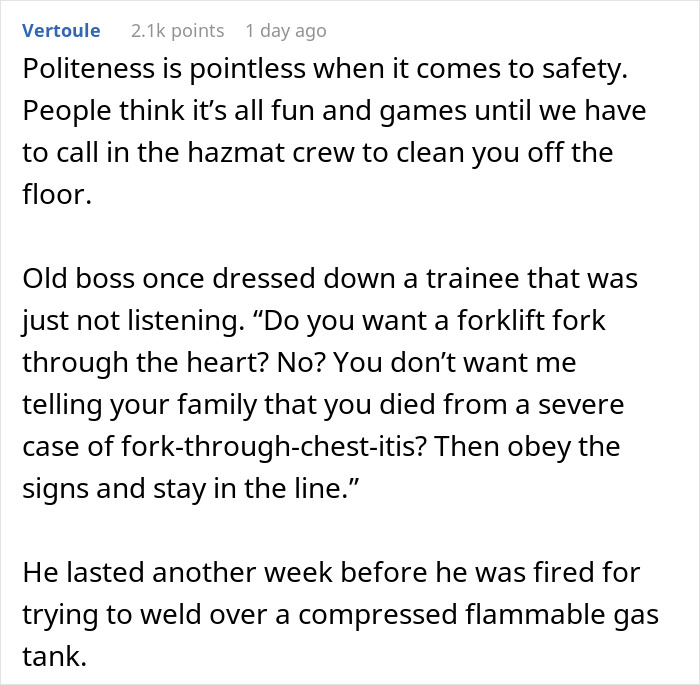 Man Is Upset His Female Colleague Was Shouting At Him While He Was Breaking Safety Rules, Wants To See Her Manager Who Fires Him On The Spot