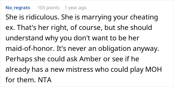 Woman Wonders “AITA For Refusing To Be My Sister’s MOH Because She’s Marrying My Ex?” Woman Wonders “AITA For Refusing To Be My Sister’s MOH Because She’s Marrying My Ex?”