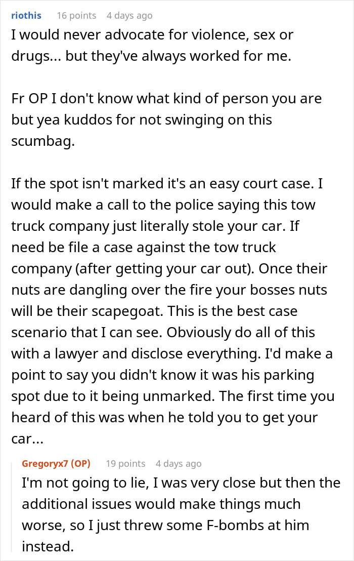 Entitled Boss Gets Placed On Leave After Wrongfully Towing Employee's Car For Parking In 'His Spot'