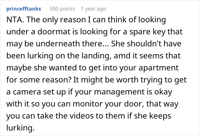 Woman Is Annoyed Her Neighbor Comes To Her Landing And Lurks, So She Swings Open The Door, Frightening Her And Causing Her To Fall Woman Is Annoyed Her Neighbor Comes To Her Landing And Lurks, So She Swings Open The Door, Frightening Her And Causing Her To Fall