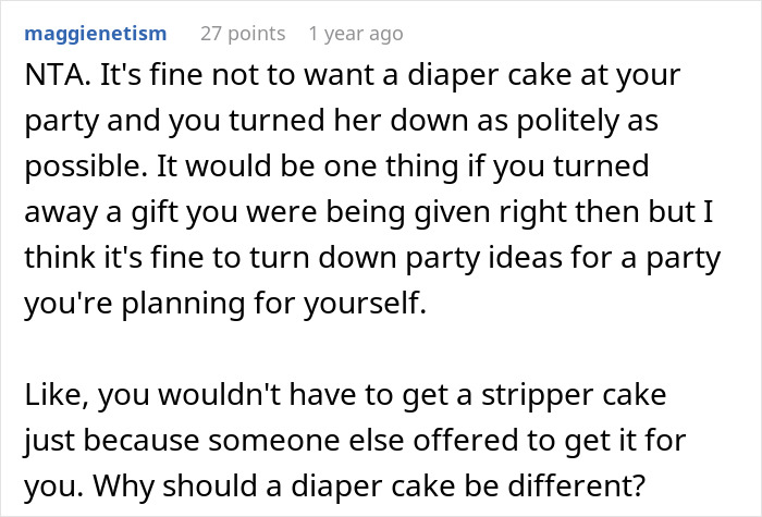 Expecting Mom Gets Called Out By Her Sister-In-Law For Not Wanting A 'Diaper Cake' For The Upcoming Baby Shower Expecting Mom Gets Called Out By Her Sister-In-Law For Not Wanting A 'Diaper Cake' For The Upcoming Baby Shower