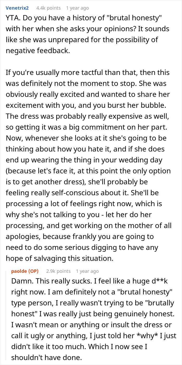 Woman Blocks Fiancé’s Number And Stays At Mom’s House After He Gives An Overly Honest Opinion On Her Wedding Dress