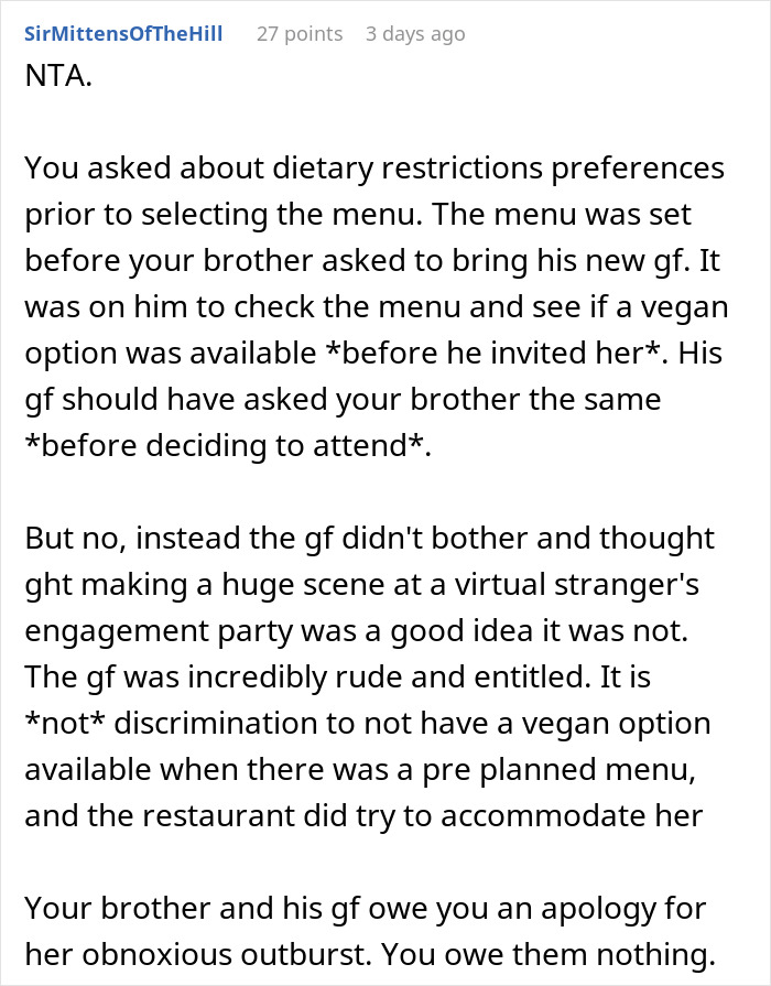 “You Just Assume Because I’m Vegan I Only Eat Salads?”: Sister Under Fire After Not Catering To Brother’s Vegan GF At Her Engagement Dinner “You Just Assume Because I’m Vegan I Only Eat Salads?”: Sister Under Fire After Not Catering To Brother’s Vegan GF At Her Engagement Dinner