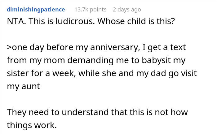 Man Asks If He’s A Jerk For Wanting To Celebrate His Wedding Anniversary With His Wife Instead Of Babysitting His Sister Man Asks If He’s A Jerk For Wanting To Celebrate His Wedding Anniversary With His Wife Instead Of Babysitting His Sister