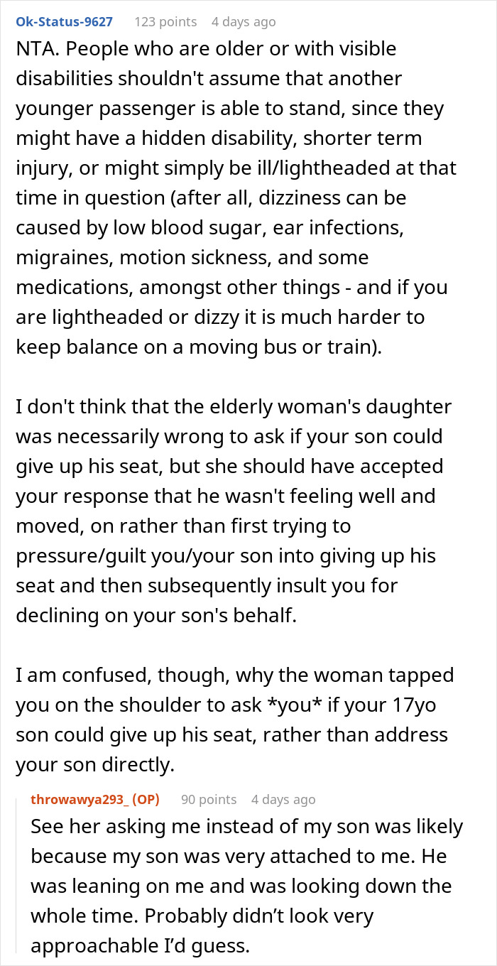 Parent Refuses To Make Their Ill 17-Year-Old Son Give Up His Seat For An Elderly Woman, Wonders If They Did The Right Thing Parent Refuses To Make Their Ill 17-Year-Old Son Give Up His Seat For An Elderly Woman, Wonders If They Did The Right Thing
