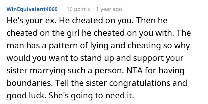 Woman Wonders “AITA For Refusing To Be My Sister’s MOH Because She’s Marrying My Ex?” Woman Wonders “AITA For Refusing To Be My Sister’s MOH Because She’s Marrying My Ex?”