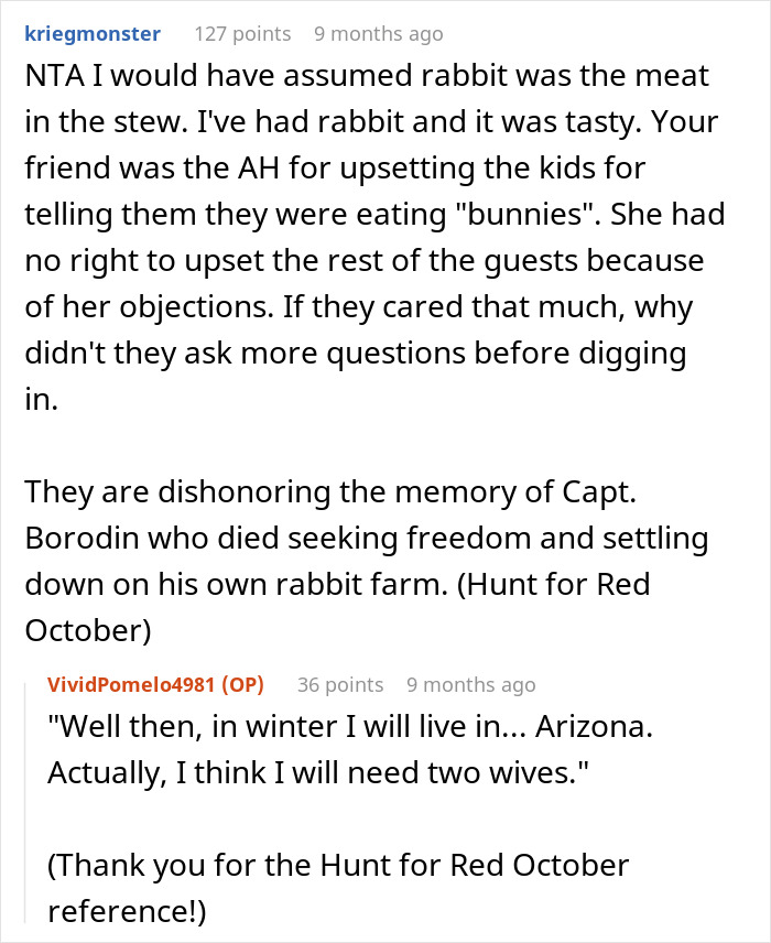 Woman Serves Rabbit Stew For Themed Party, Guests Flip Out After Realizing It Contains Actual Rabbit Meat Woman Serves Rabbit Stew For Themed Party, Guests Flip Out After Realizing It Contains Actual Rabbit Meat