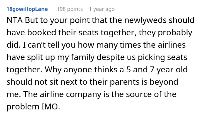 Entitled Newlyweds Are Upset Fellow Plane Traveler Refused To Accommodate For Their Lack Of Foresight When Booking Plane Seats