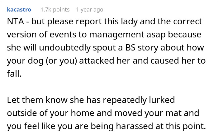 Woman Is Annoyed Her Neighbor Comes To Her Landing And Lurks, So She Swings Open The Door, Frightening Her And Causing Her To Fall Woman Is Annoyed Her Neighbor Comes To Her Landing And Lurks, So She Swings Open The Door, Frightening Her And Causing Her To Fall