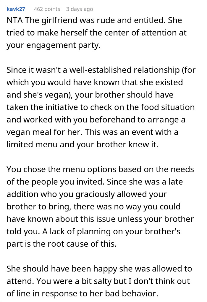 “You Just Assume Because I’m Vegan I Only Eat Salads?”: Sister Under Fire After Not Catering To Brother’s Vegan GF At Her Engagement Dinner “You Just Assume Because I’m Vegan I Only Eat Salads?”: Sister Under Fire After Not Catering To Brother’s Vegan GF At Her Engagement Dinner
