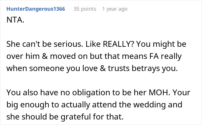Woman Wonders “AITA For Refusing To Be My Sister’s MOH Because She’s Marrying My Ex?” Woman Wonders “AITA For Refusing To Be My Sister’s MOH Because She’s Marrying My Ex?”
