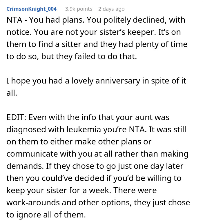 Man Asks If He’s A Jerk For Wanting To Celebrate His Wedding Anniversary With His Wife Instead Of Babysitting His Sister
