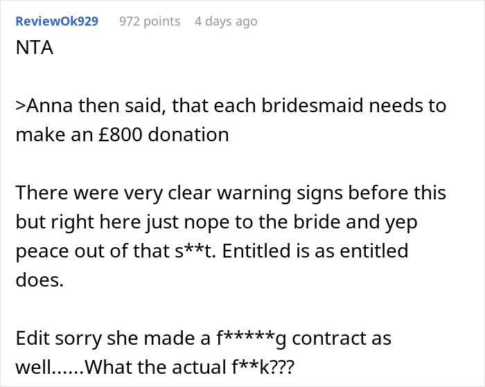 "Two Of The Bridesmaids Stormed Off": Woman Refuses To Participate In Wedding After Hearing Bride's Delusional Expectations, Gets Called All Kinds Of Rude Names "Two Of The Bridesmaids Stormed Off": Woman Refuses To Participate In Wedding After Hearing Bride's Delusional Expectations, Gets Called All Kinds Of Rude Names