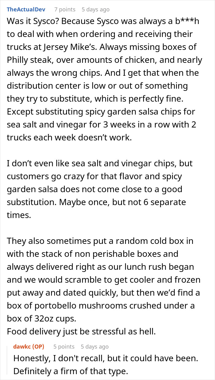 Vendor Won’t Credit Missing Item Due To “Strict Policy,” Restaurant Manager Maliciously Complies Vendor Won’t Credit Missing Item Due To “Strict Policy,” Restaurant Manager Maliciously Complies