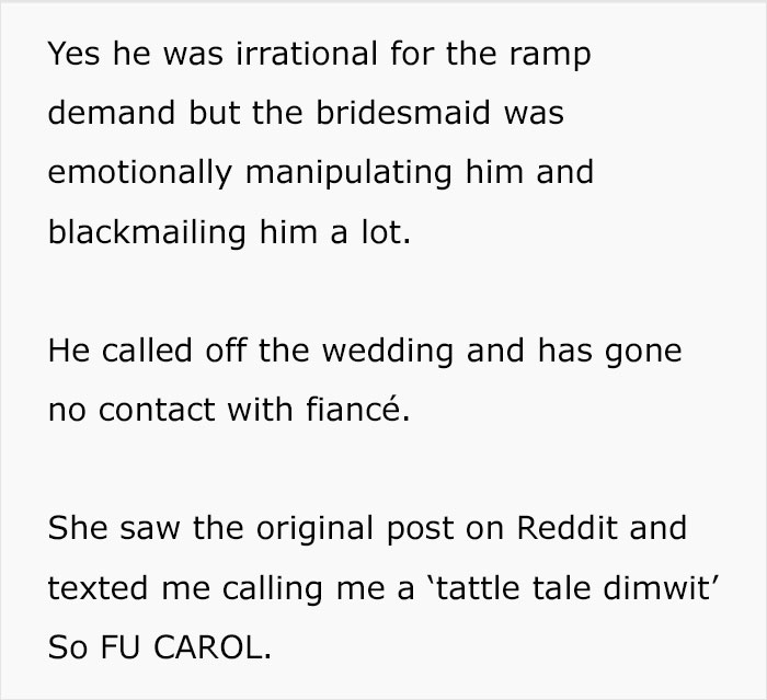 After Suggesting To Use A Temporary Ramp So Her House Can Be Accessible For A Wedding, Woman Exposes The Insulting Bride-To-Be And The Wedding Is Called Off After Suggesting To Use A Temporary Ramp So Her House Can Be Accessible For A Wedding, Woman Exposes The Insulting Bride-To-Be And The Wedding Is Called Off