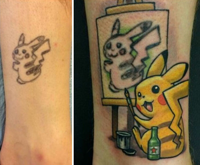 Colorful Pikachu arm tattoo 