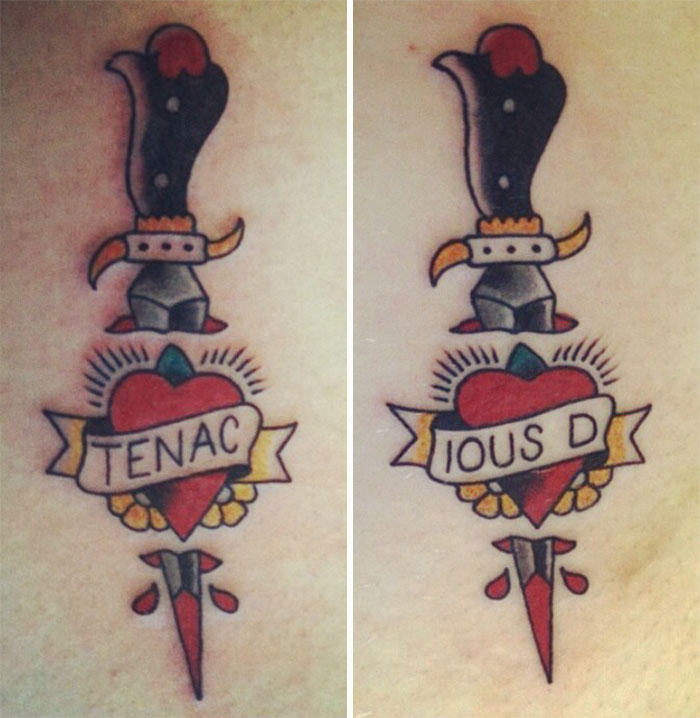 Funny best friend tattoos with matching daggers and heart design, labeled "Tenacious D."