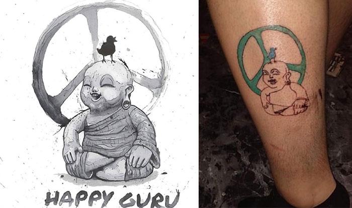 Funny tattoo with a peace sign and a cartoon monk bringing humor to the design.