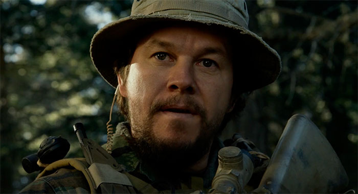 Mark Wahlberg wearing military clothes, looking in movie Lone Survivor