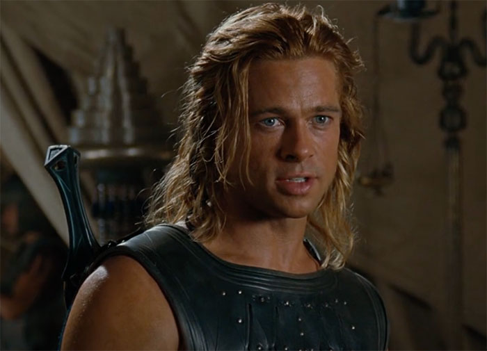 Brad Pitt looking in movie Troy