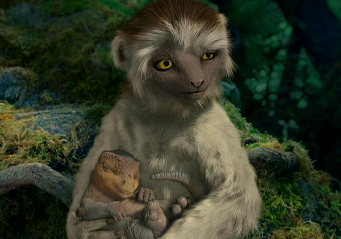 Animal holding baby dinosaur in movie Dinosaur