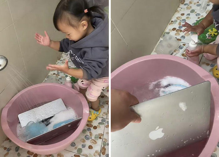 Hija de dos años baña la laptop de papá con agua y jabón porque está "muy sucia"