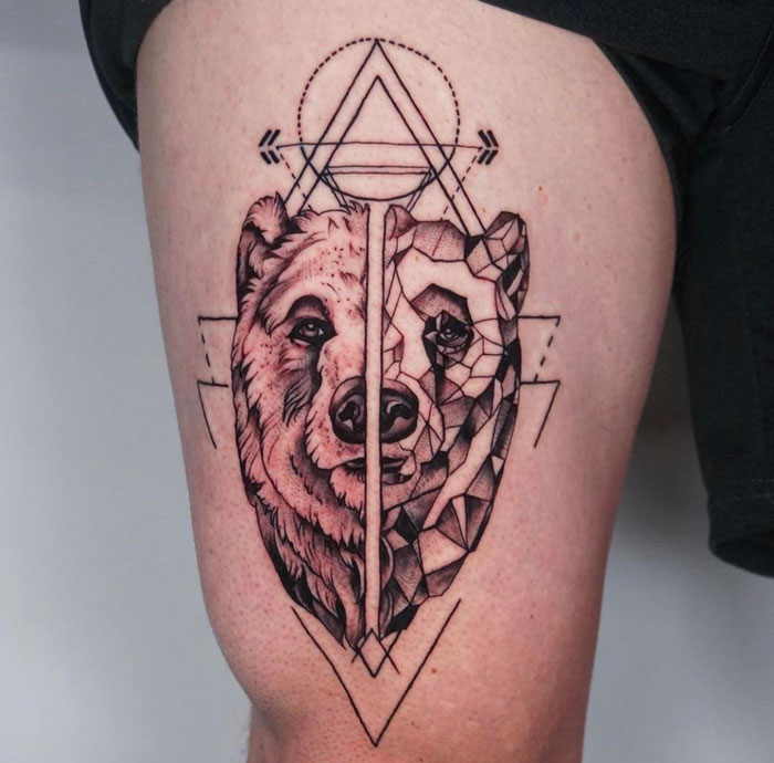 Geometric/Realism Bear Done By Israel At Love N Hate Tattoo, Lakewood, CO