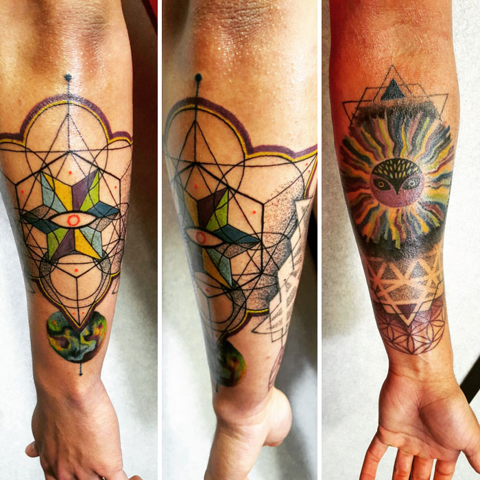 Colorful geometric tattoo on arm