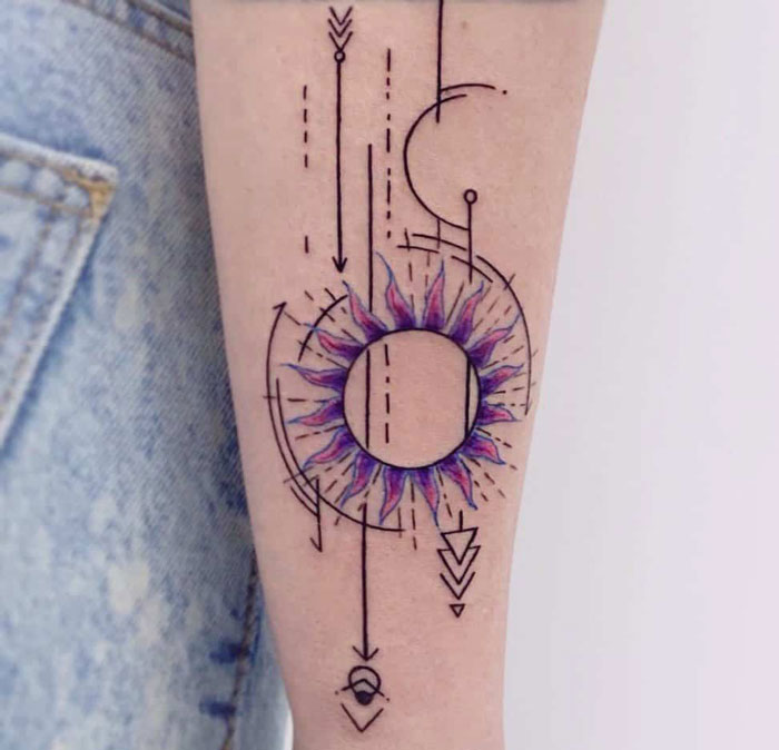 Geometric black and purple arm tattoo
