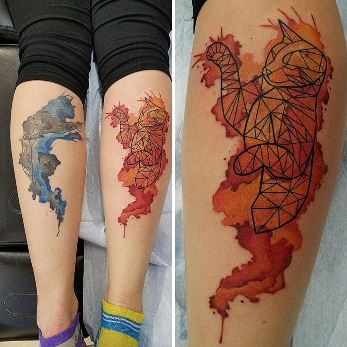 Geometric tattoos of cats on legs with colorful abstract backgrounds.
