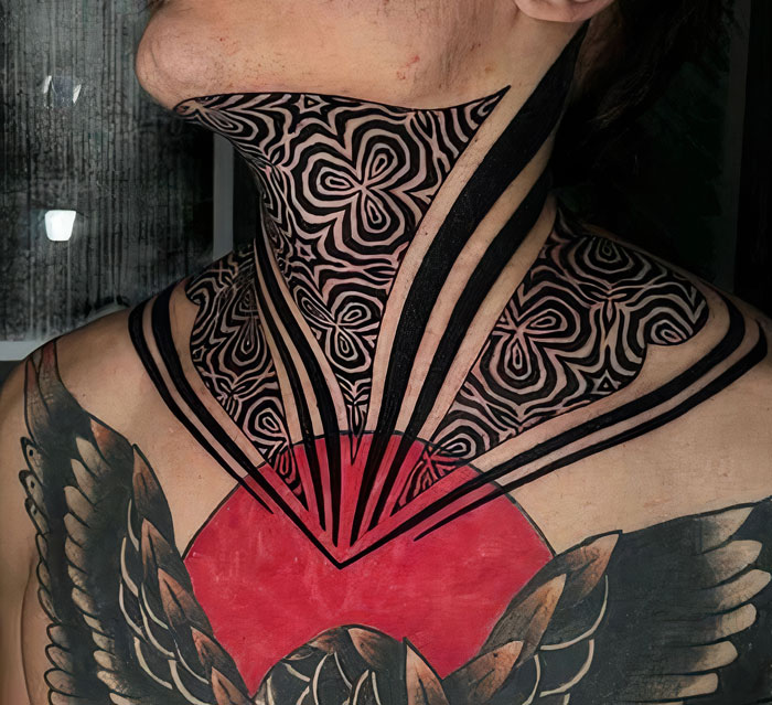 Black geometric large neck tattoo