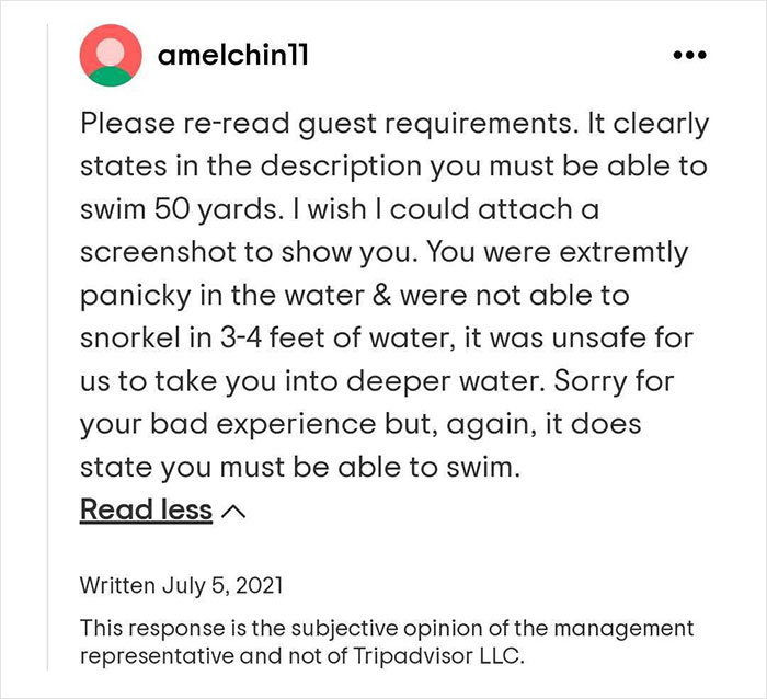 Non-Swimmer Books A Snorkeling Tour, Gets Roasted By A Business Owner When He Leaves 1-Star Review Online
