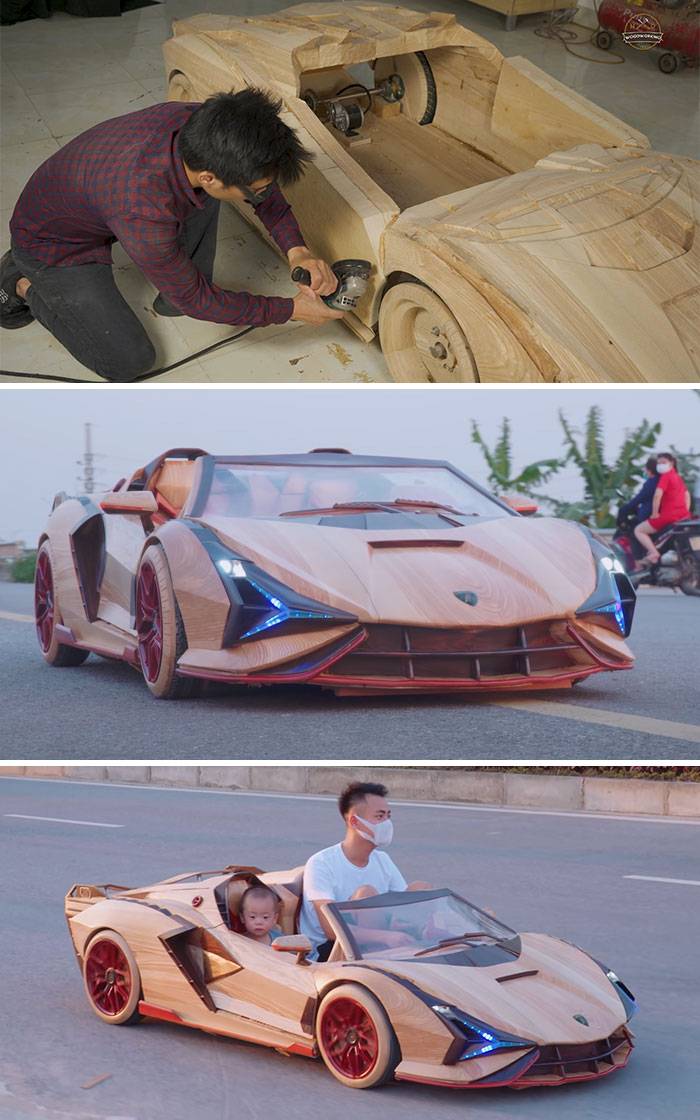 Este padre le construyó a su hijo un Lamborghini casi todo de madera