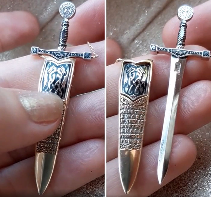 This Little Sword Necklace That Can Be Unsheathed With A Hidden Button