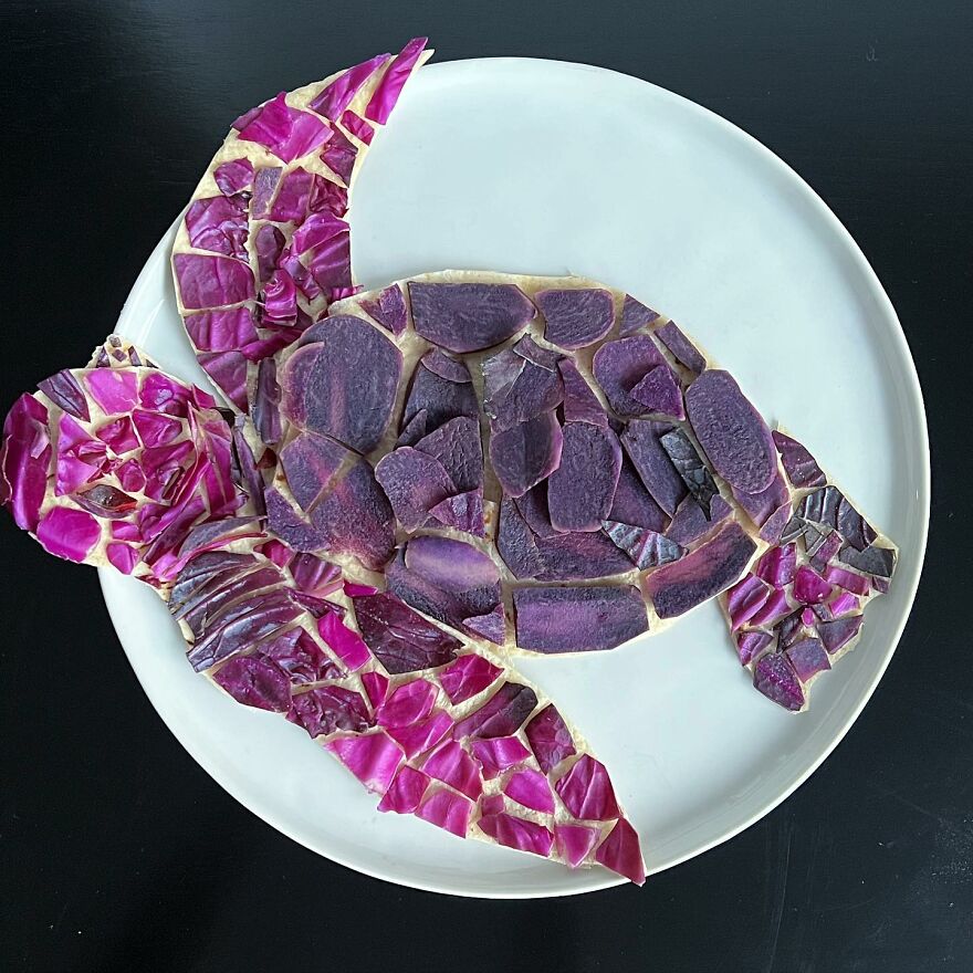 Sea Turtle Made Using Tortillas, Purple Cabbage, Purple Potatoes, And Plum